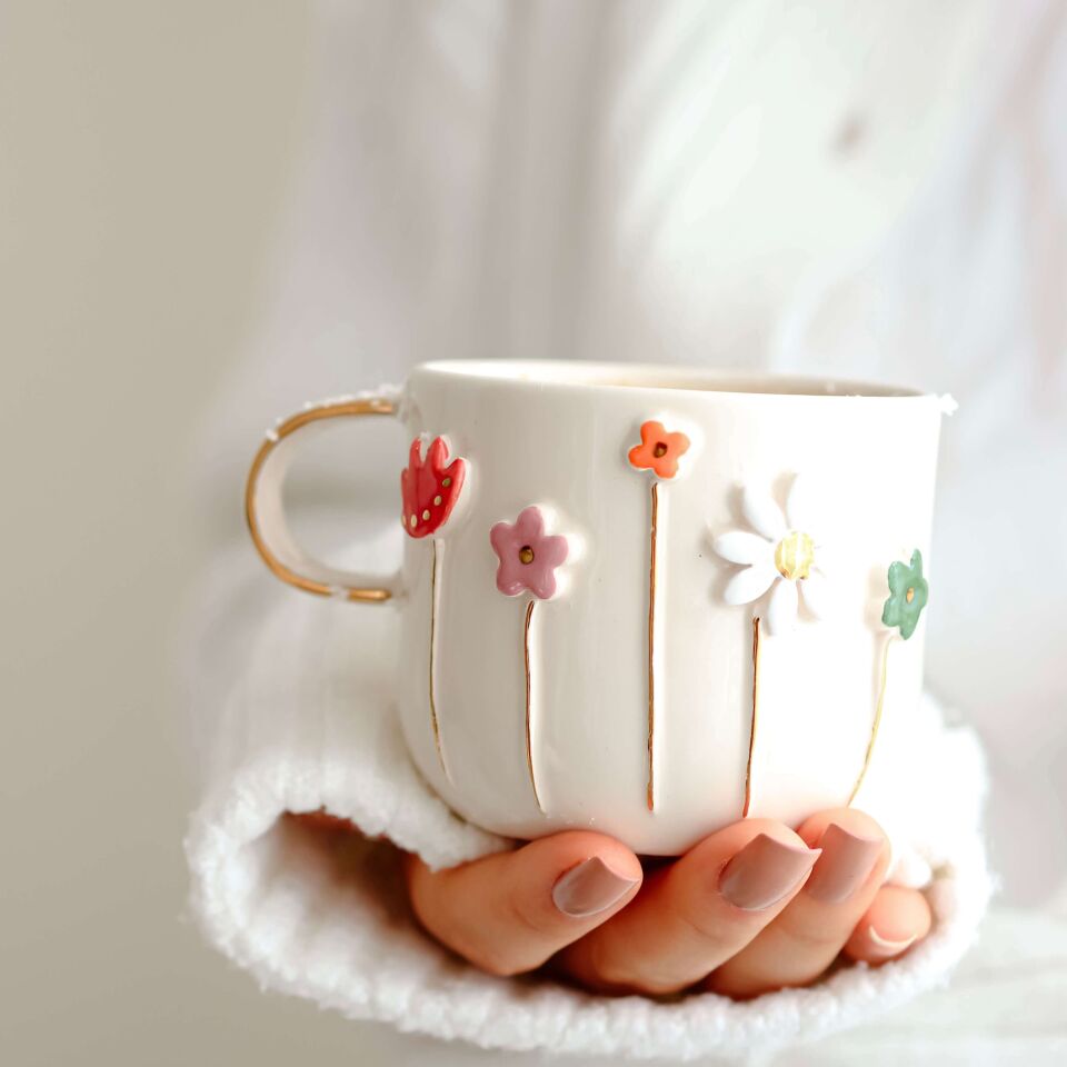 Flowers Mug, El Yapımı Çiçekli Kupa | Çiçekli Seramik Kupa