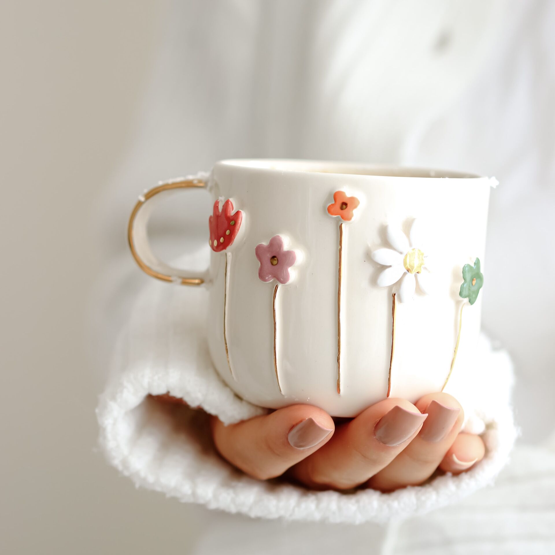 Flowers Mug, El Yapımı Çiçekli Kupa