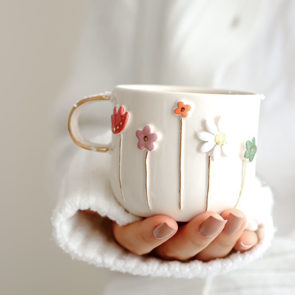 Flowers Mug, El Yapımı Çiçekli Kupa