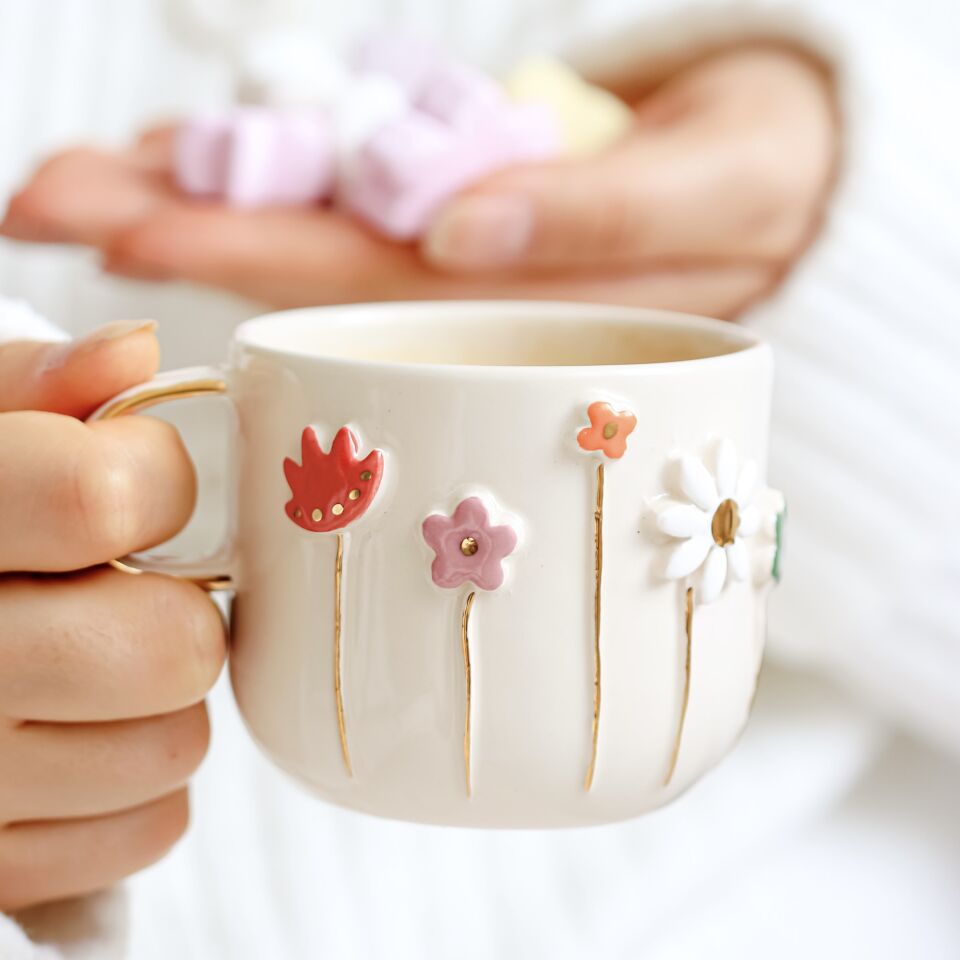 Flowers Mug, El Yapımı Çiçekli Kupa