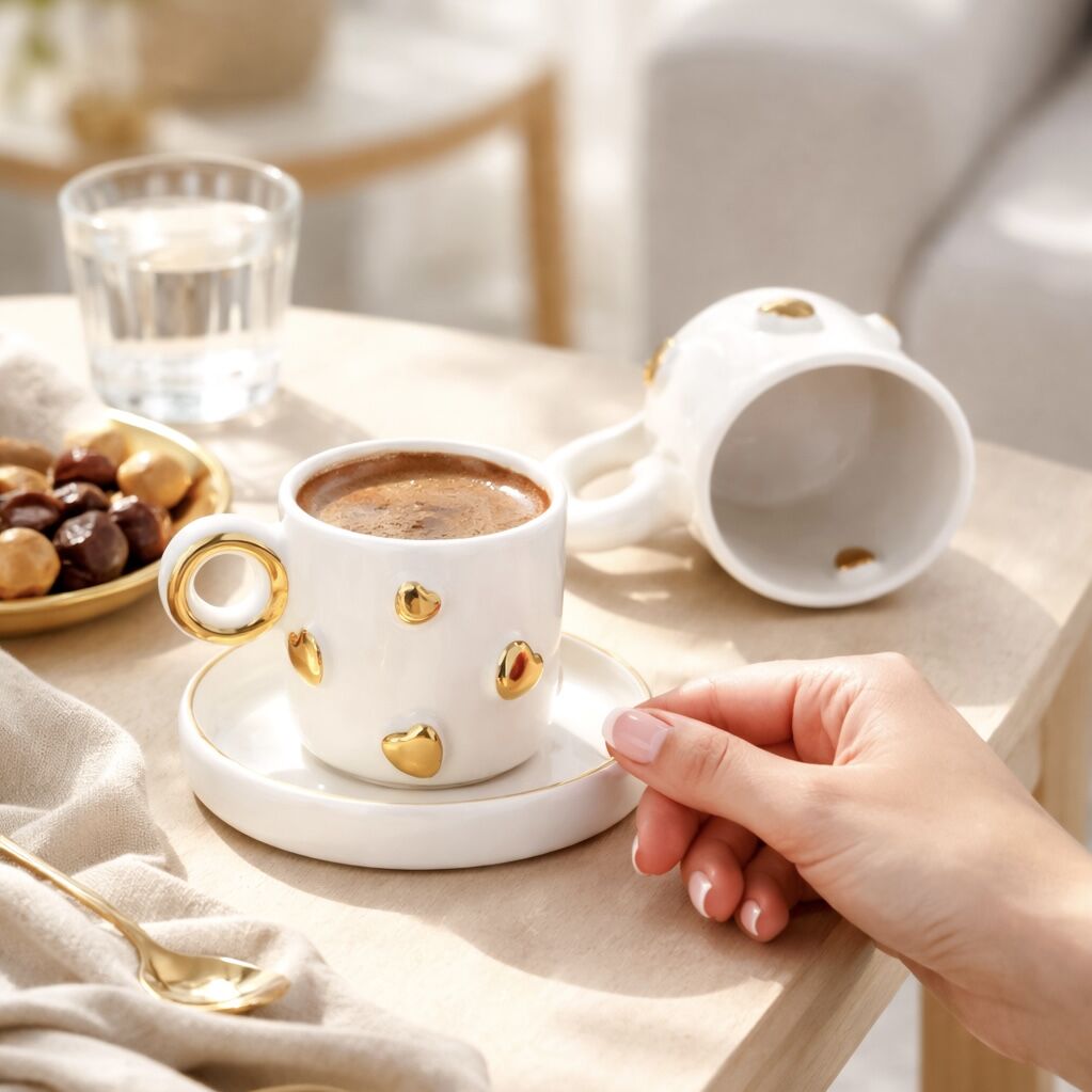 Kalpler, El Yapımı Kalpli Türk Kahvesi Fincanı