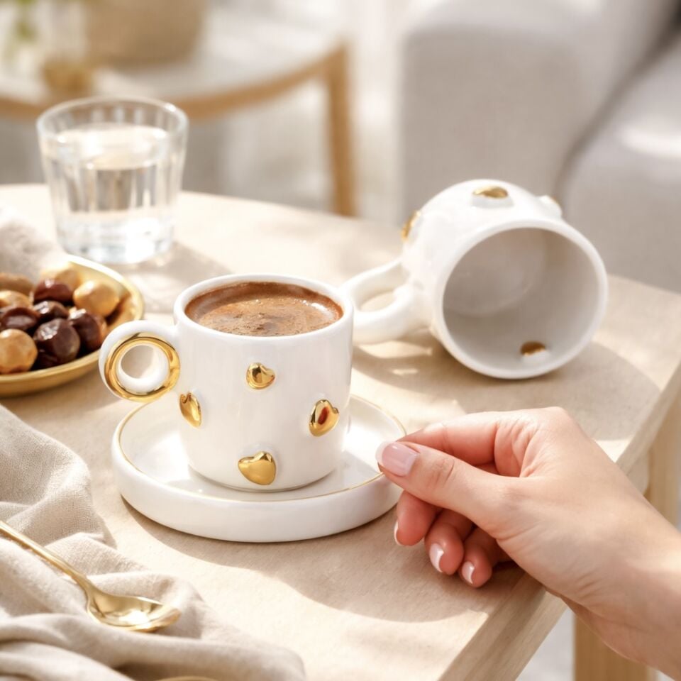 Kalpler, El Yapımı Kalpli Türk Kahvesi Fincanı