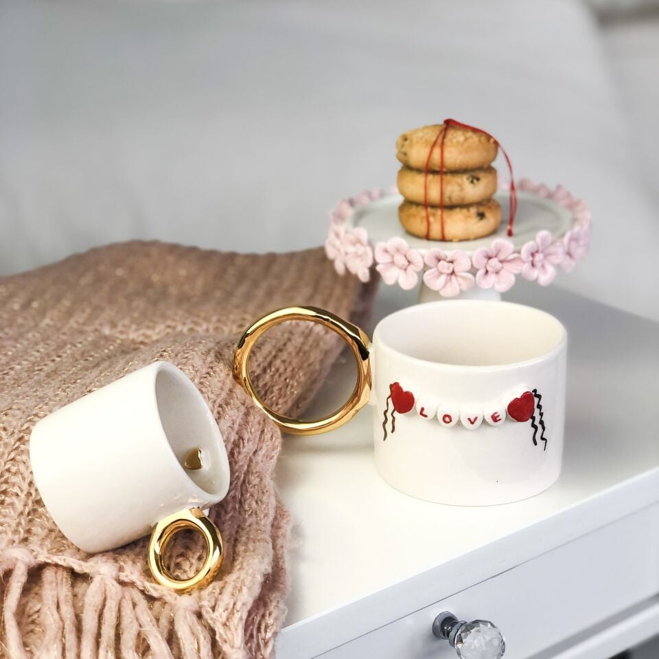 Love Yazılı Mug, El Yapımı Sevgililer Günü Kupası