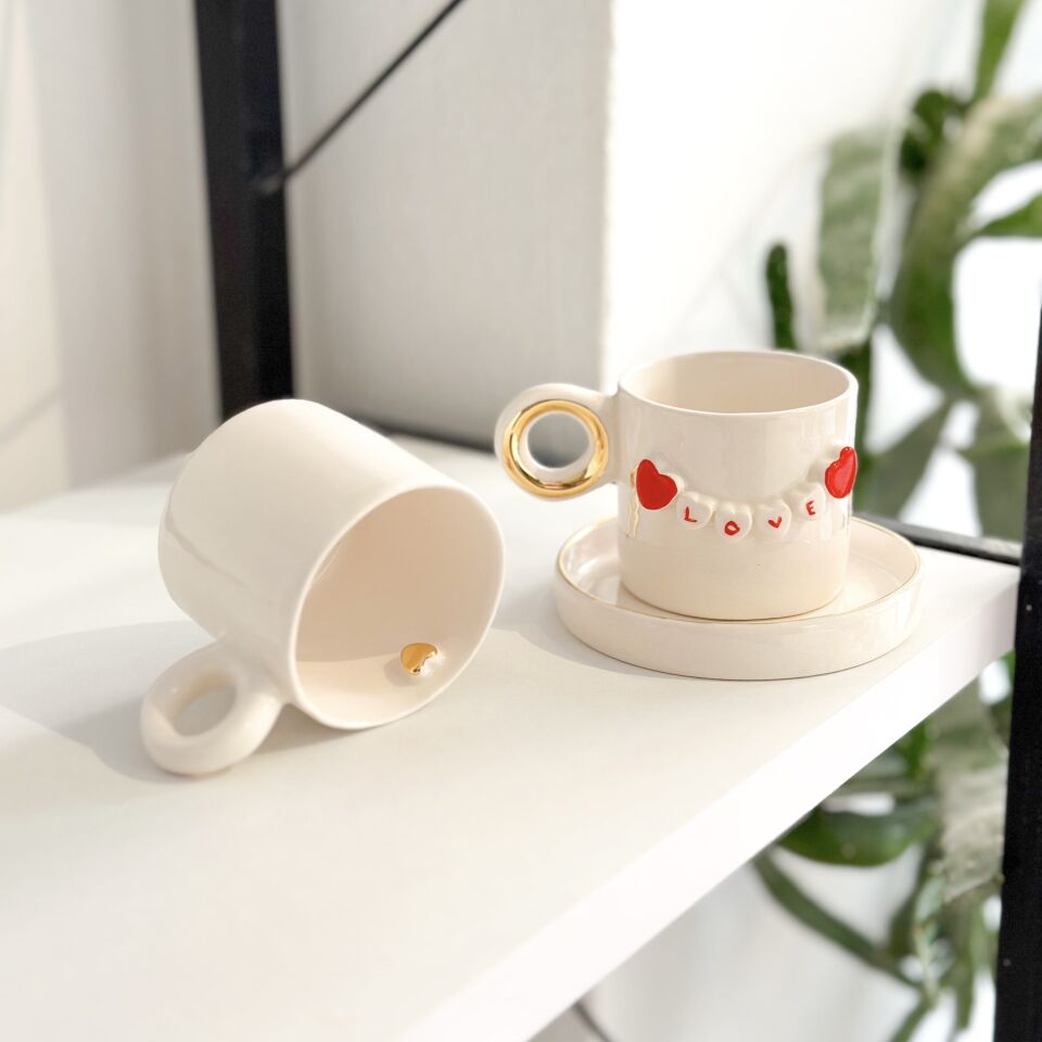 Love Yazılı El Yapımı Sevgililer Günü Türk Kahvesi Fincanı