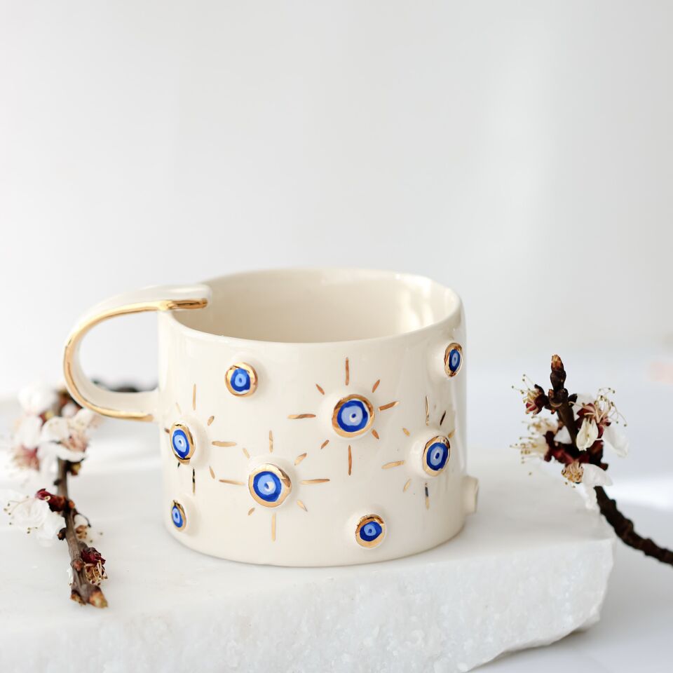 Nazar Taneleri Mug, El Yapımı Nazarlı Kupa