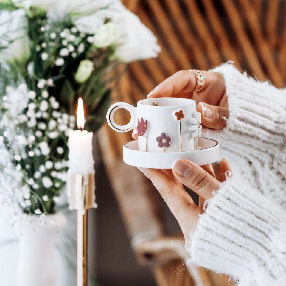 Flowers Türk Kahvesi Fincanı, El Yapımı Çiçekli Fincan