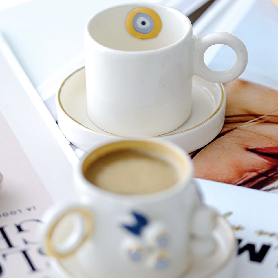 Nazar Salkım Türk Kahvesi Fincanı, El Yapımı Nazarlı Fincan