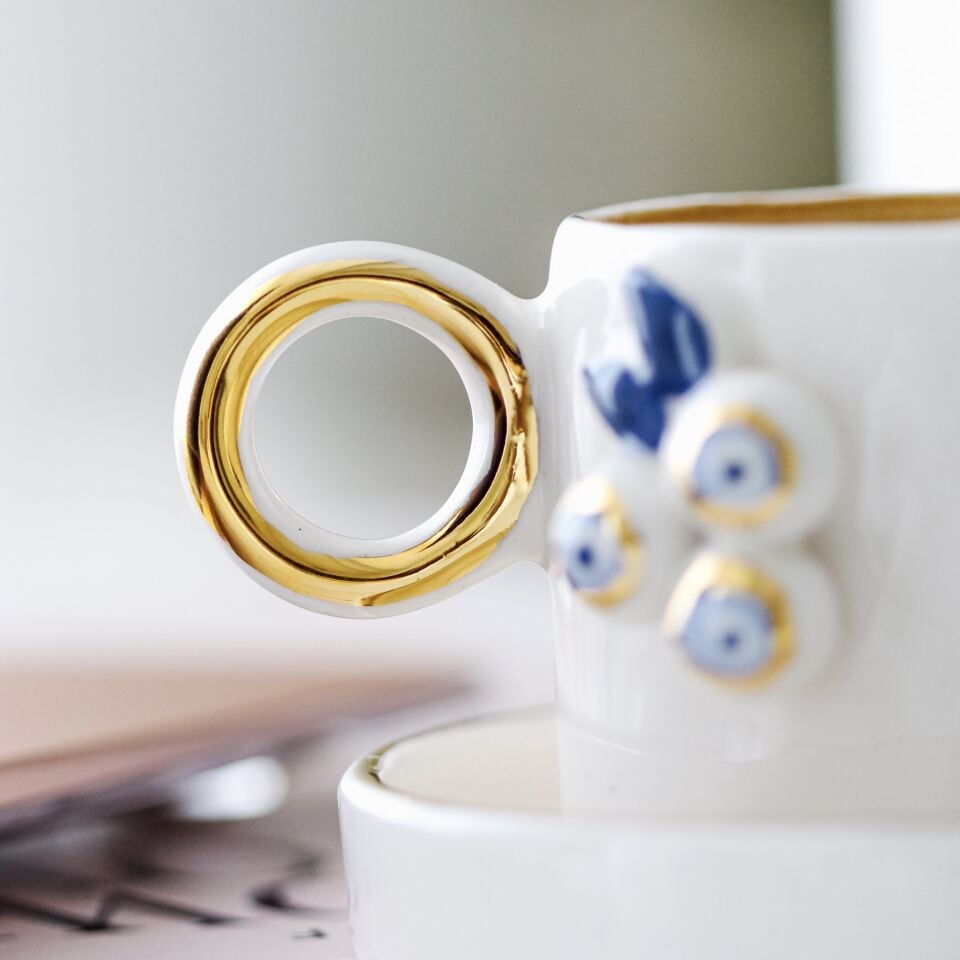 Nazar Salkım Türk Kahvesi Fincanı, El Yapımı Nazarlı Fincan