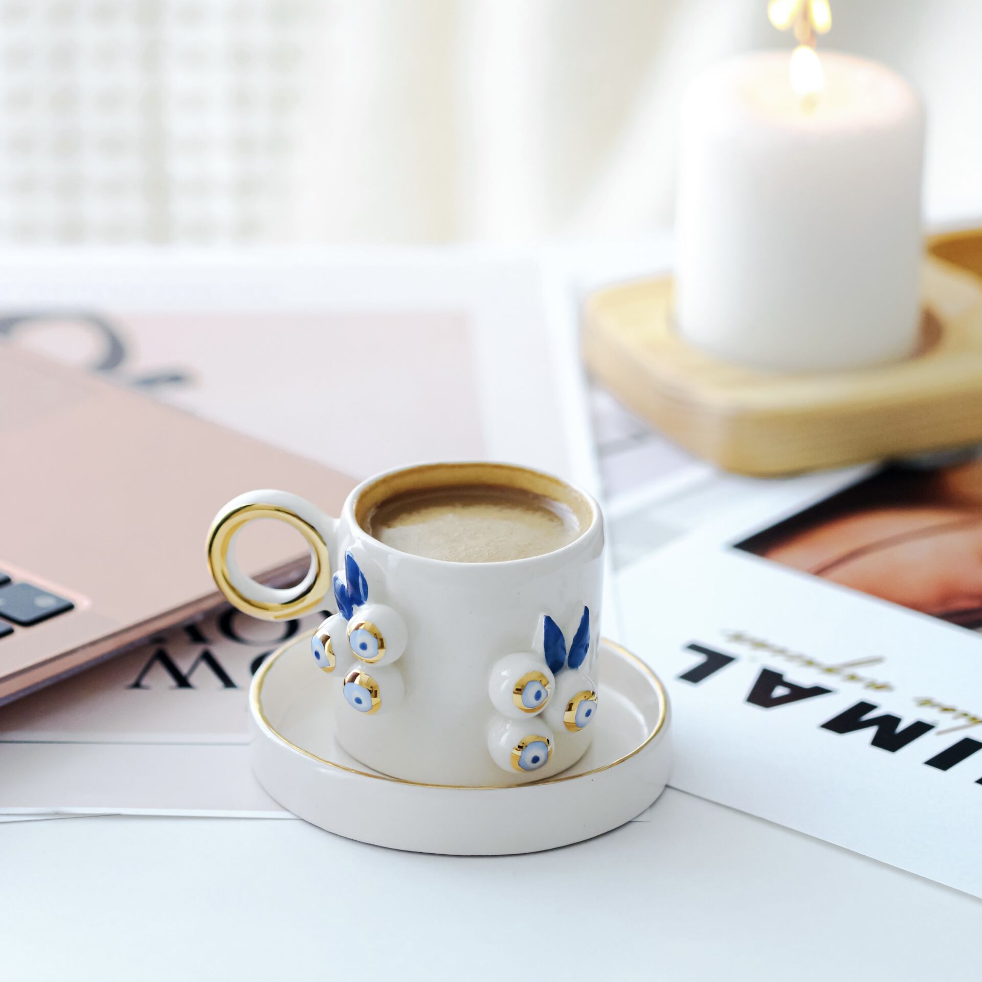 Nazar Salkım Türk Kahvesi Fincanı, El Yapımı Nazarlı Fincan