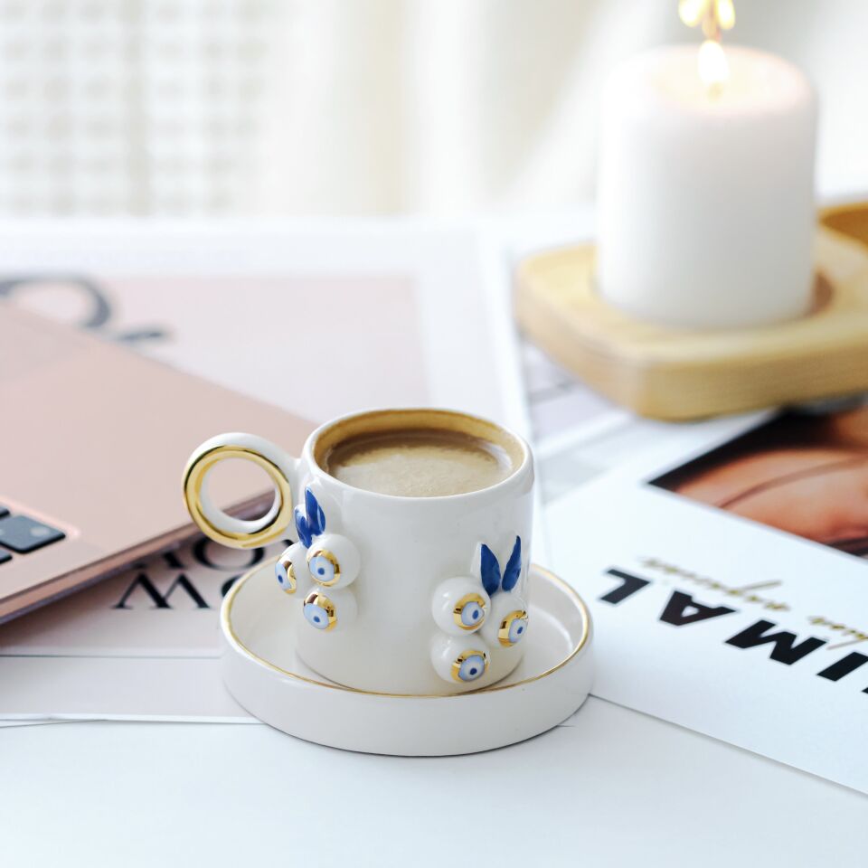 Nazar Salkım Türk Kahvesi Fincanı, El Yapımı Nazarlı Fincan