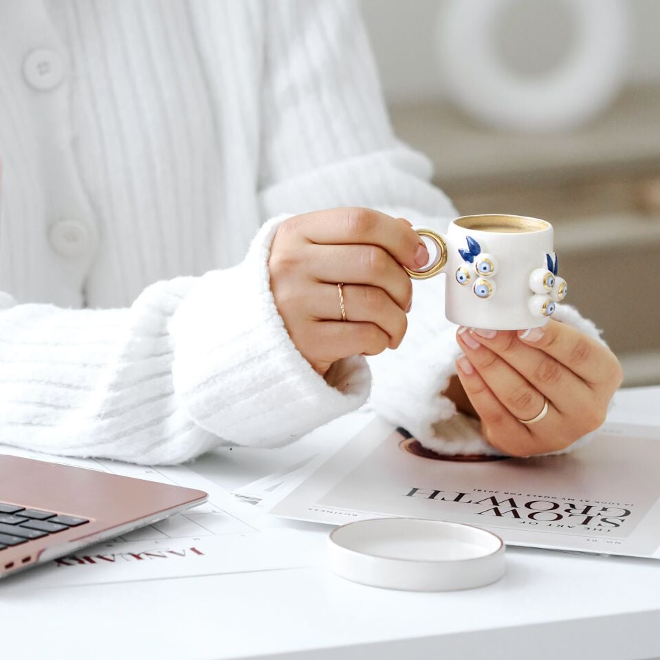 Nazar Salkım Türk Kahvesi Fincanı, El Yapımı Nazarlı Fincan