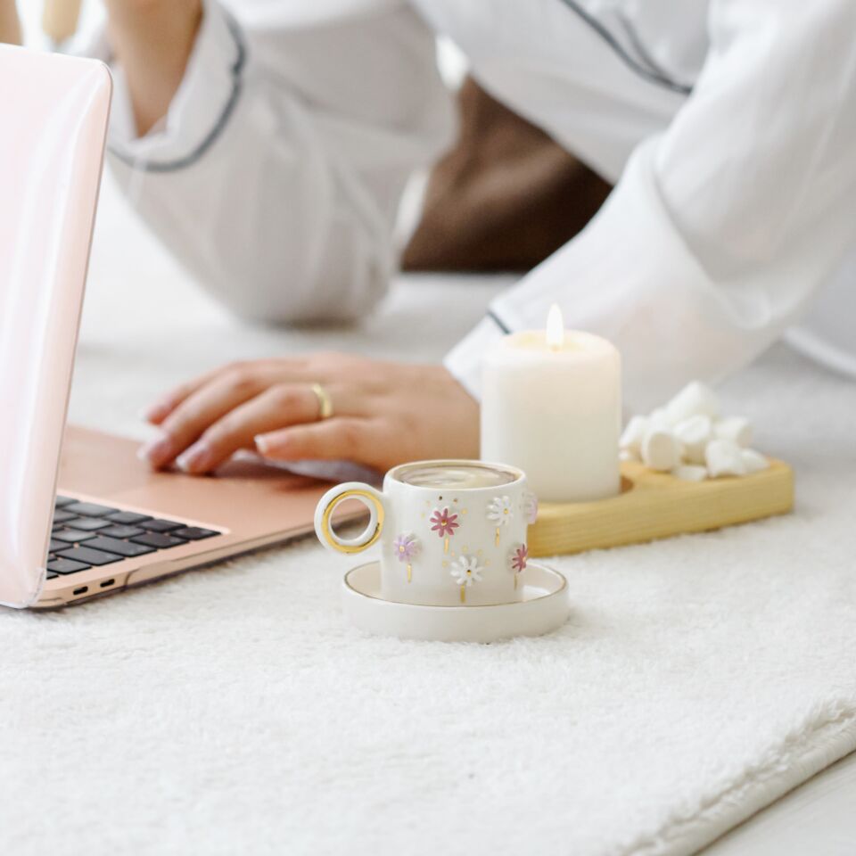 Lilac Türk Kahvesi Fincanı, El Yapımı Çiçekli Fincan