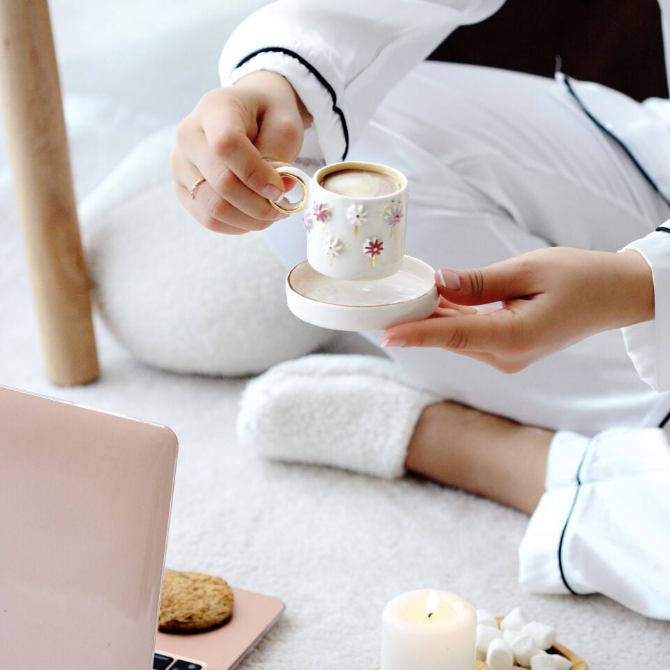 Lilac Türk Kahvesi Fincanı, El Yapımı Çiçekli Fincan