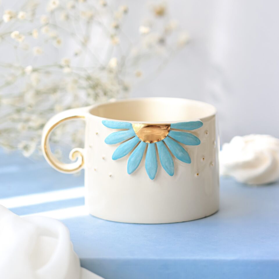 Turkuaz Gerbera Mug, El Yapımı Çiçekli Kupa