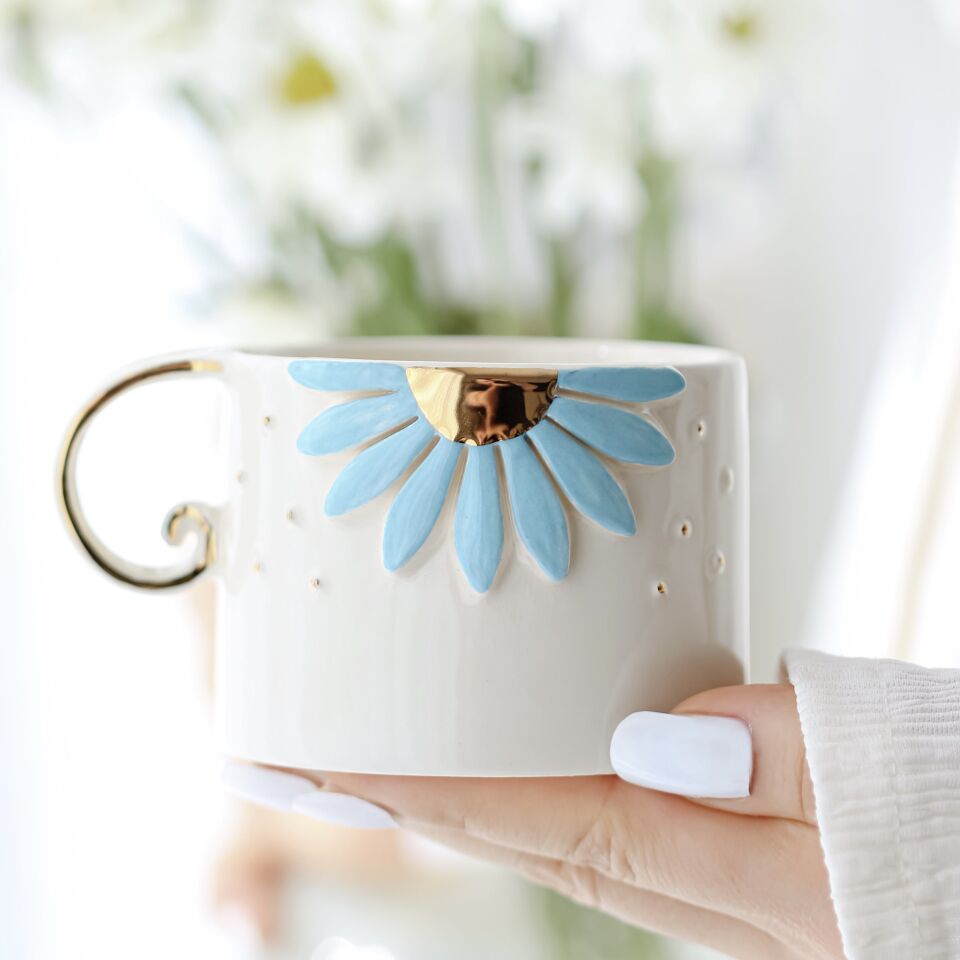 Turkuaz Gerbera Mug, El Yapımı Çiçekli Kupa