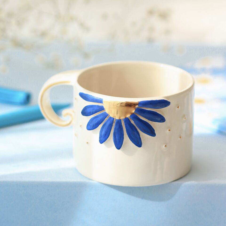 Lacivert Gerbera Mug, El Yapımı Çiçekli Kupa