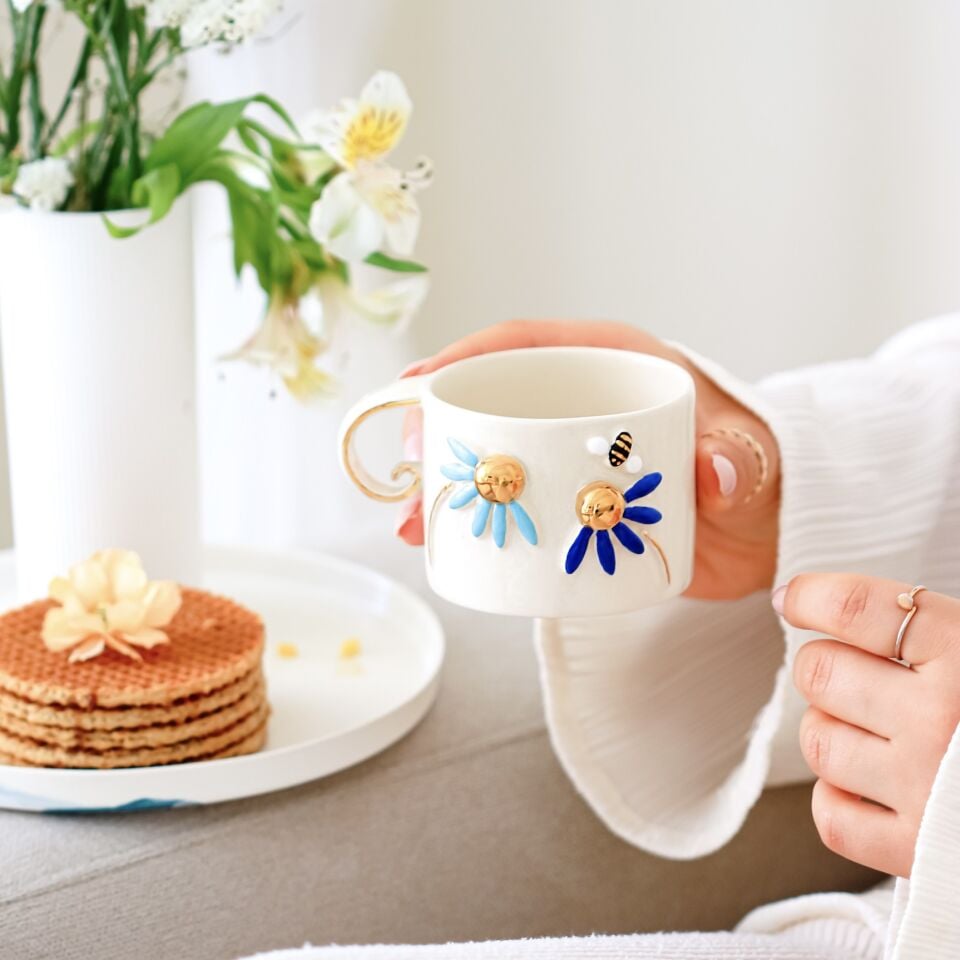 Blue Daisy Mug, El Yapımı Papatyalı Kupa