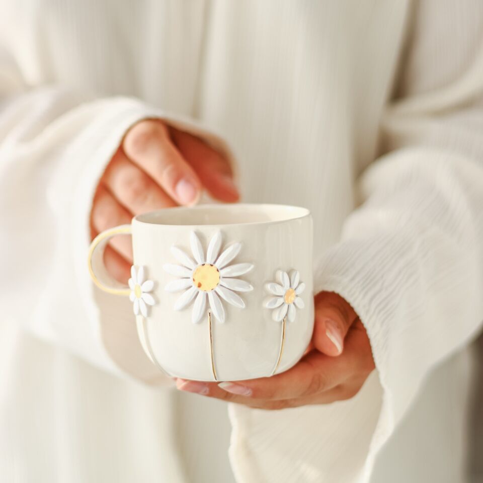 Sedefli Mug, El Yapımı Papatyalı Kupa