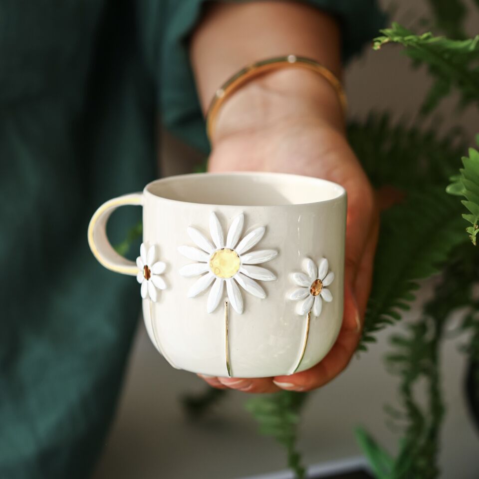 Sedefli Mug, El Yapımı Papatyalı Kupa