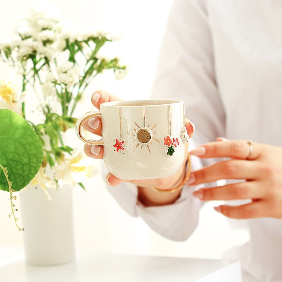 Yaz Cıvıltısı Mug, El Yapımı Çiçekli Kupa