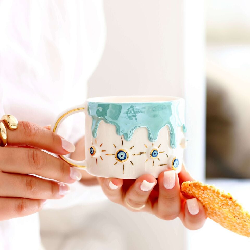 Nazar Yağmuru Mug, El Yapımı Nazar Boncuklu Seramik Kupa