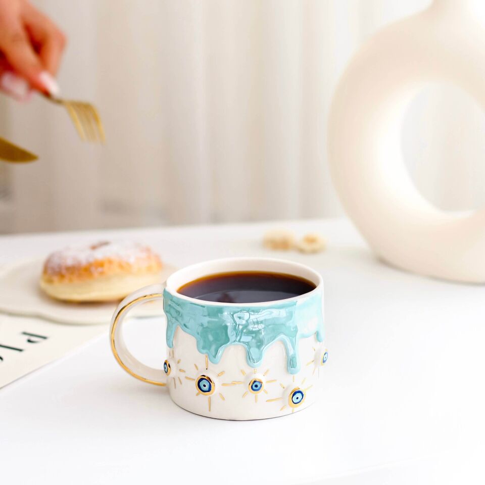 El Yapımı Nazar Boncuklu Seramik Kupa -Nazar Yağmuru Mug