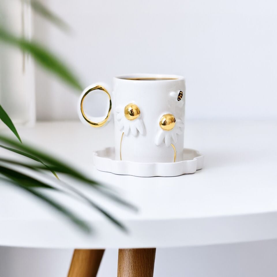 White Daisy Double Türk Kahvesi Fincanı, El Yapımı Papatyalı Fincan