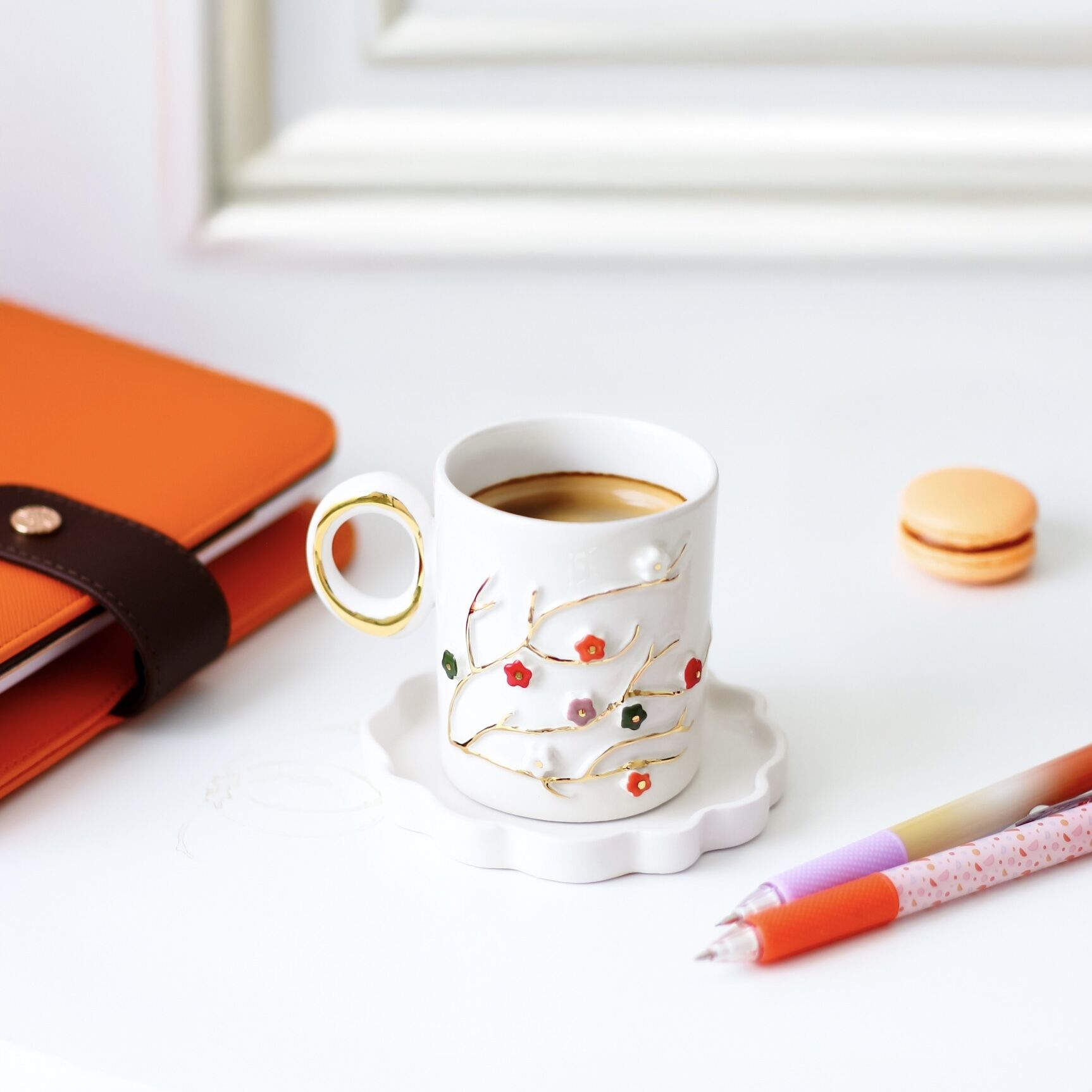 Bahar Dalı Double Türk Kahvesi Fincanı, El Yapımı Çiçekli Fincan