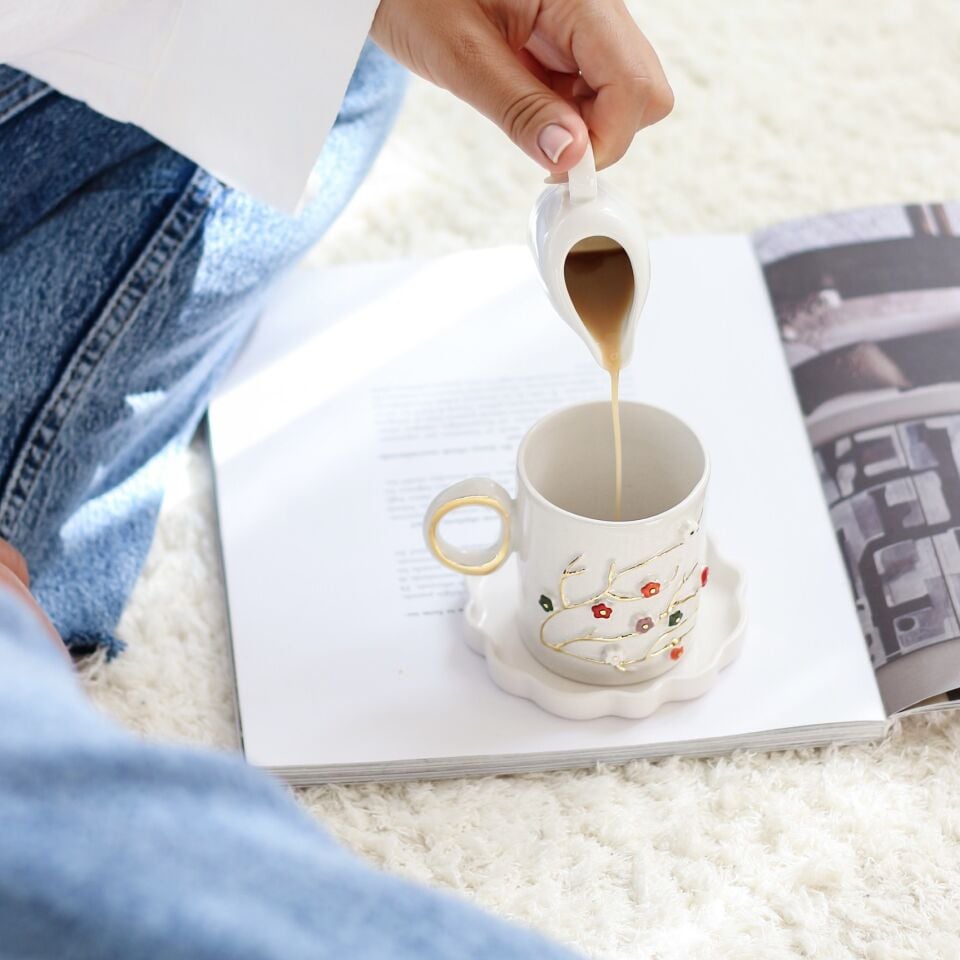 Bahar Dalı Double Türk Kahvesi Fincanı, El Yapımı Çiçekli Fincan