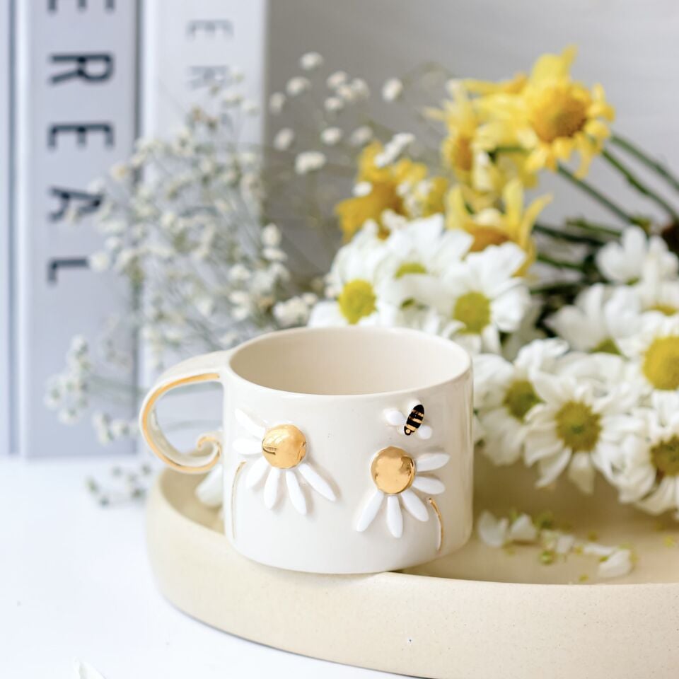 White Daisy Mug, El Yapımı Papatyalı Kupa