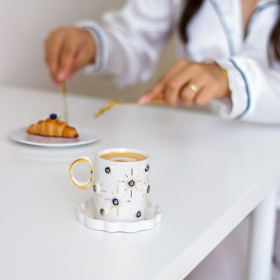 Nazar Taneleri Double Türk Kahvesi Fincanı, El Yapımı Nazarlı Fincan