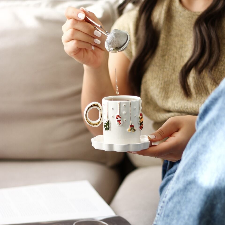 Christmas Double Türk Kahvesi Fincanı, El Yapımı Yılbaşı Fincanı